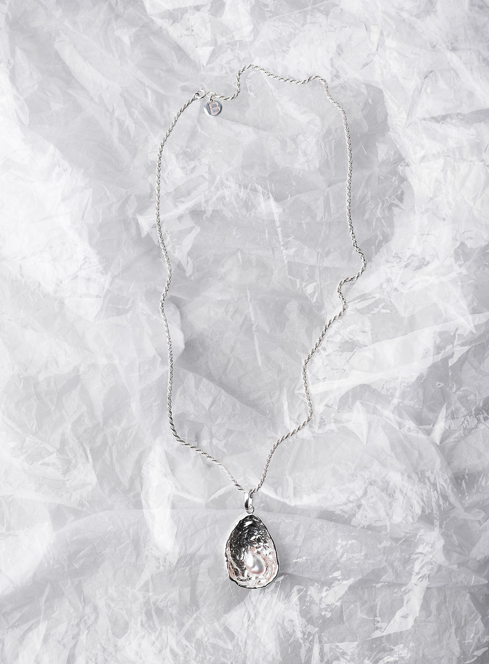 Oyster Pearl Symbol Silver on Rope Chain Silver